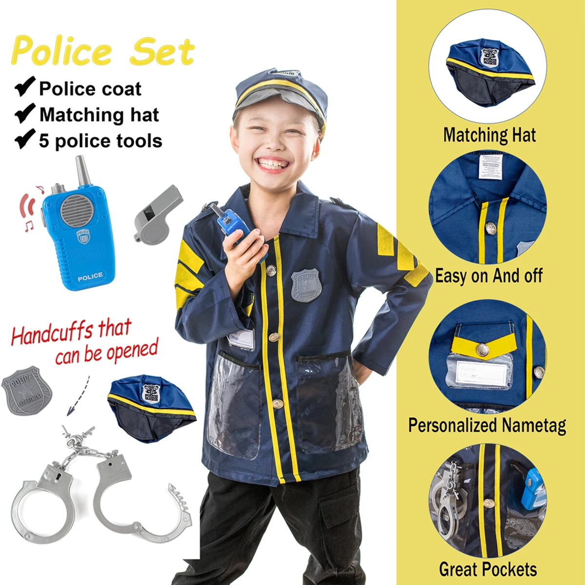 Костюм Полицейского для ролевых игр для детей, костюм полиции, нарядная игрушка, 7 шт., с аксессуарами и моющейся одеждой