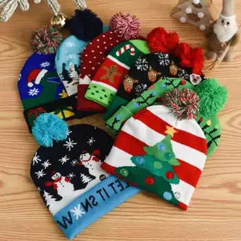 Ready to ship Hot Sale New Design Christmas Gifts Decorations Santa Claus Hat LED Lights Warm Winter Knitted Beanies With Pompon