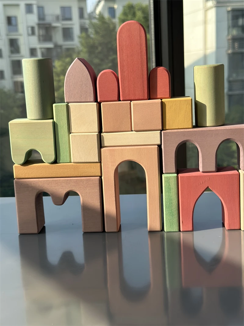 Wooden Building Blocks Set Stacking Castle Toys Handmade Pink Lime Wood