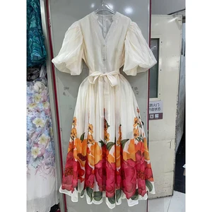 Factory Wholesale Vacation Casual Midi Dress Women Spring Summer Flower Printed Puff Sleeve Single-Breasted Loose Belt Dress
