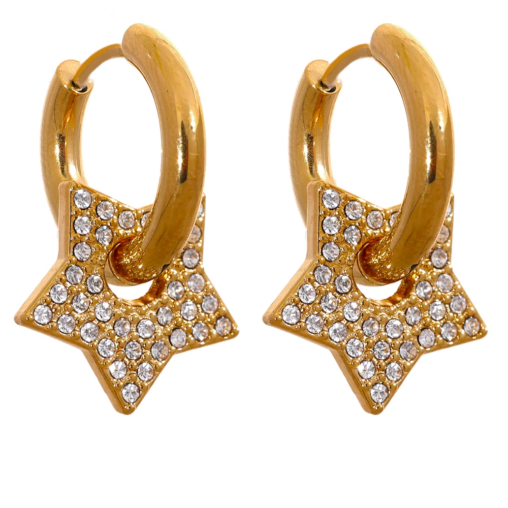 [HAESOOL] TWICEジヒョ着用☆925Silver☆YUE4486 Earrings JINYOU 777 Fashion Star Drop Stainless Steel CZ Hoop Earrings