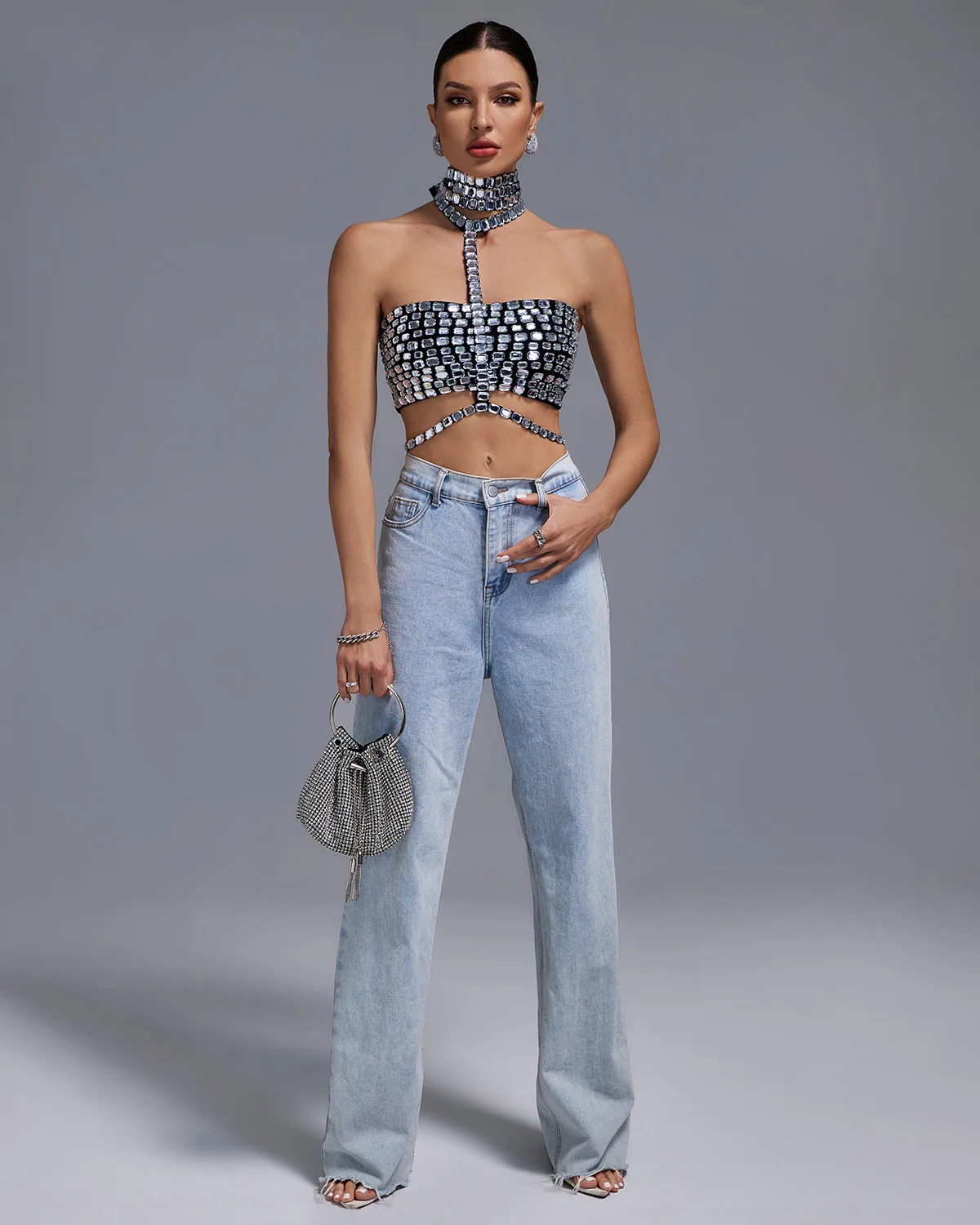 Ocstrade Ropa Mujer Débardeur Femme Argent Diamant Haut Court Top