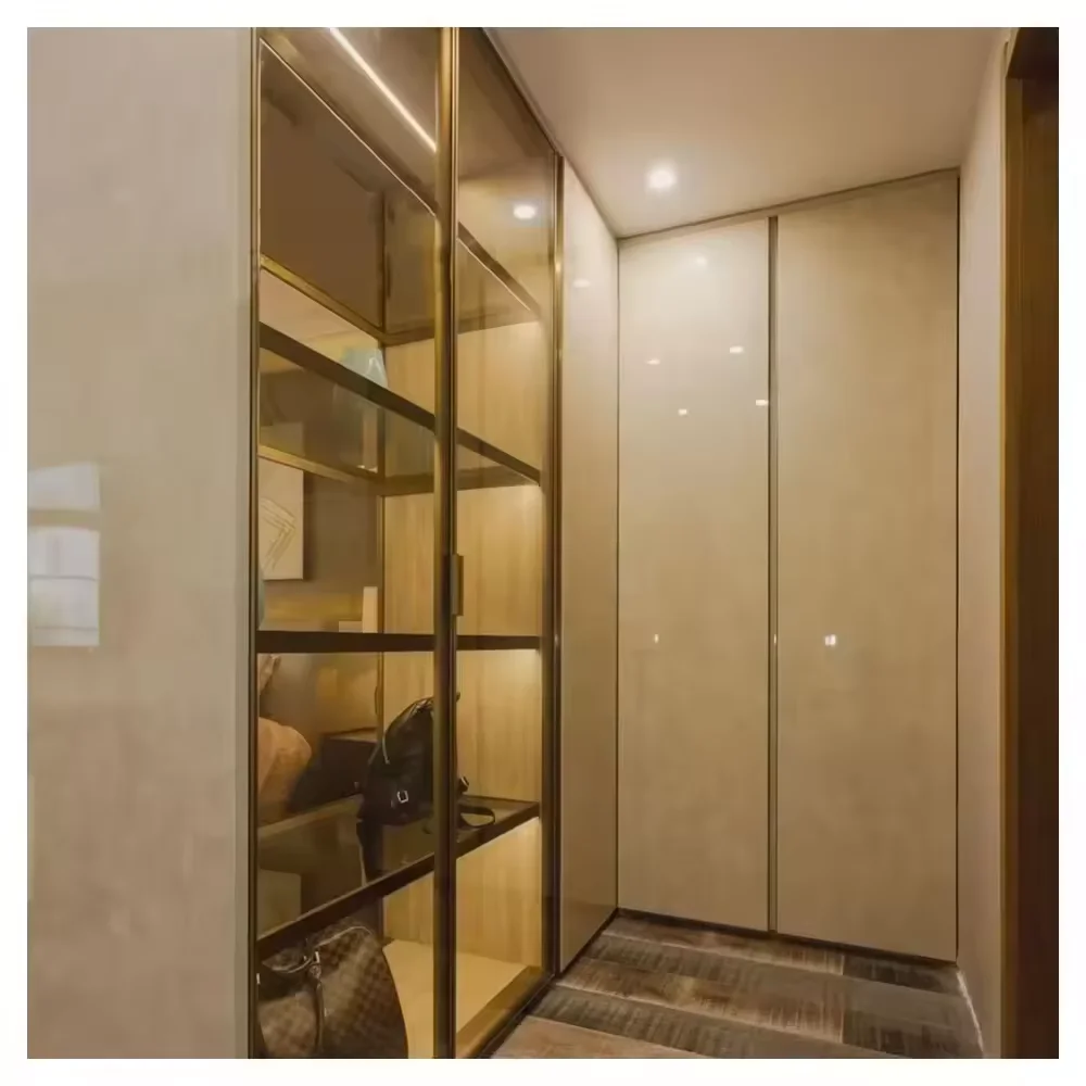 Fashion Style Gold Frame Bedroom Bedroom High Class Good Quality Armoire with Glass Doors and Display Shelves Affordable Price