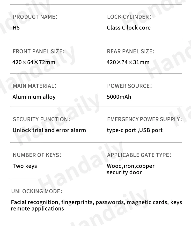 handaily logo custom video talking smart lock with privacy password face recognition tuya wifi digital locks h8-11