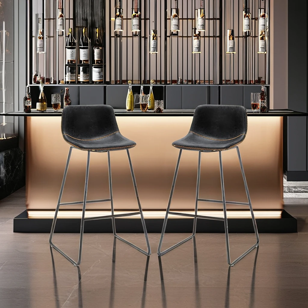 Contemporary Grey Leather Counter Bar Stools Low Back Dining Chairs with Modern Design for Hotels-Made from Bamboo
