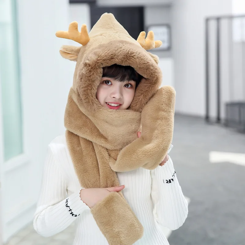 Winter lengthened scarf hat gloves three-piece set children’s cute cartoon antler plush warm hoodie neck warmer