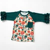 Red Floral Print Dark Green Ruffle Raglan Tee