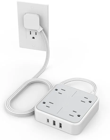 US Type Flat Plug Surge Protector Power Strip 5 ft Ultra Thin Extension Cord with 3 USB Wall Charger 1 USB C Port