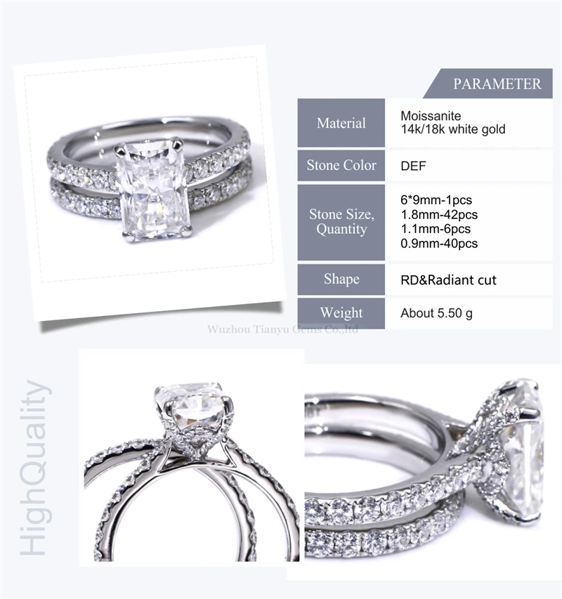 Tianyu Gems Moissanite and Lab Diamond Radiant Cut Diamond White Gold Wedding Ring Set
