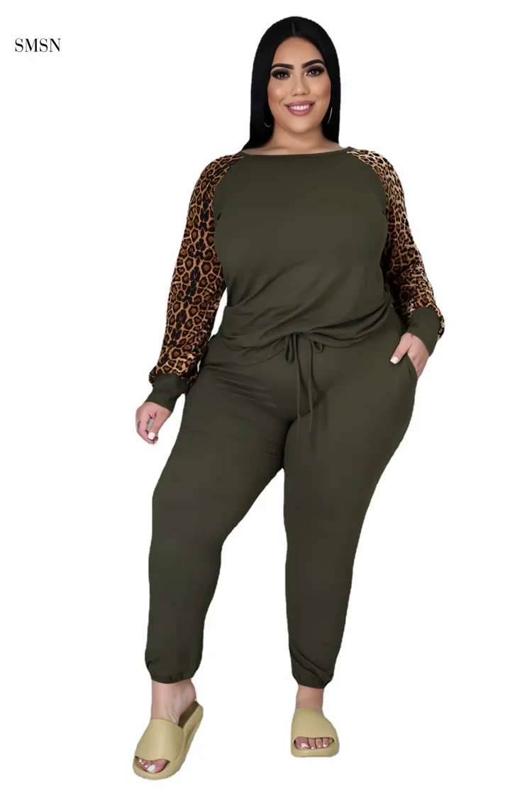 SMSN OSINA Good Quality Autumn Leopard Print Long Sleeve Women Pants Set Lounge Wear Plus Size Women Clothing Two Piece Set