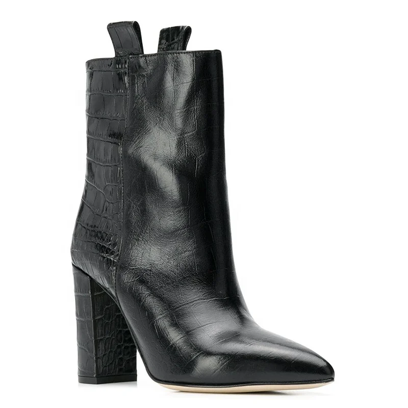 Crocodile Embossed Short Boot 2019 Women Chunky Heel Ankle Boots