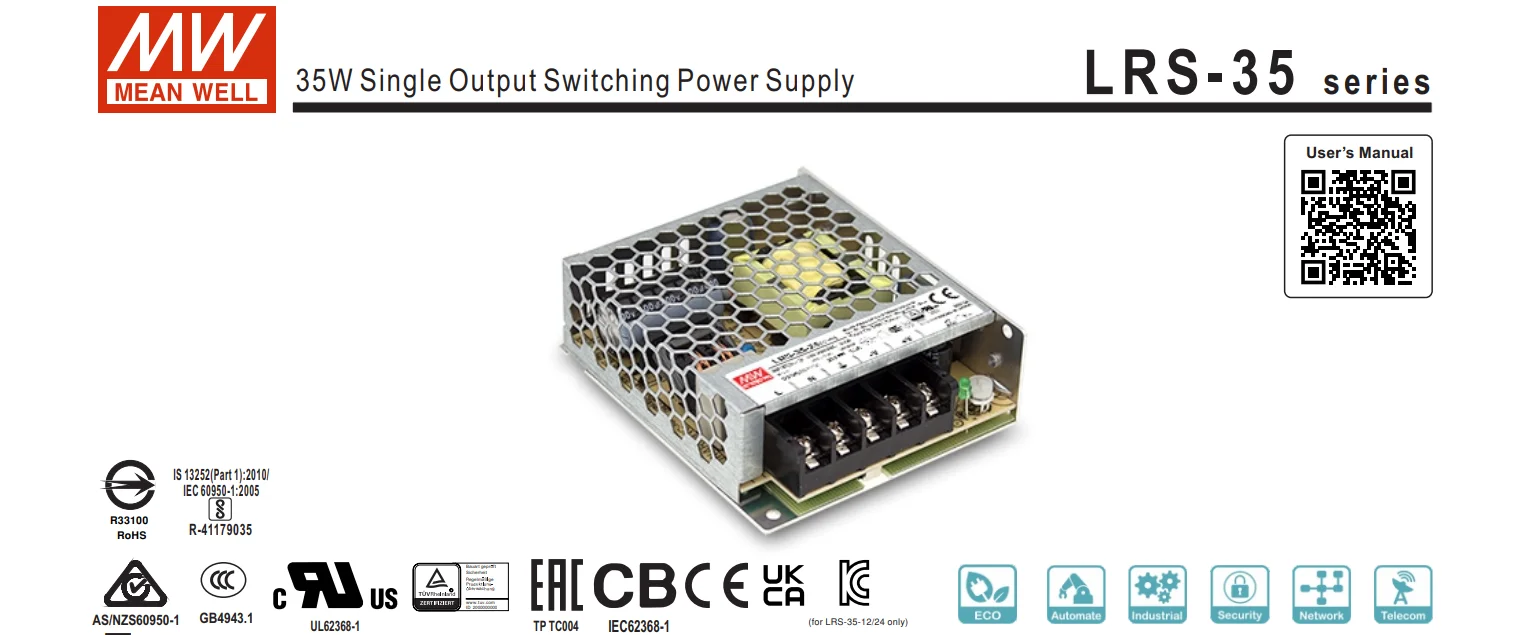 Meanwell Power Supply 35w 50w 75w 100w 150w 200w 350w 450w 600w Mean Well 5v To 48v For
