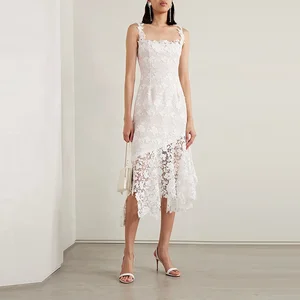 Clothing Manufacturer Custom White Square Neck Sleeveless Asymmetrical Silicone Lace Trimmed Women Elegant Casual Tweed  Dress