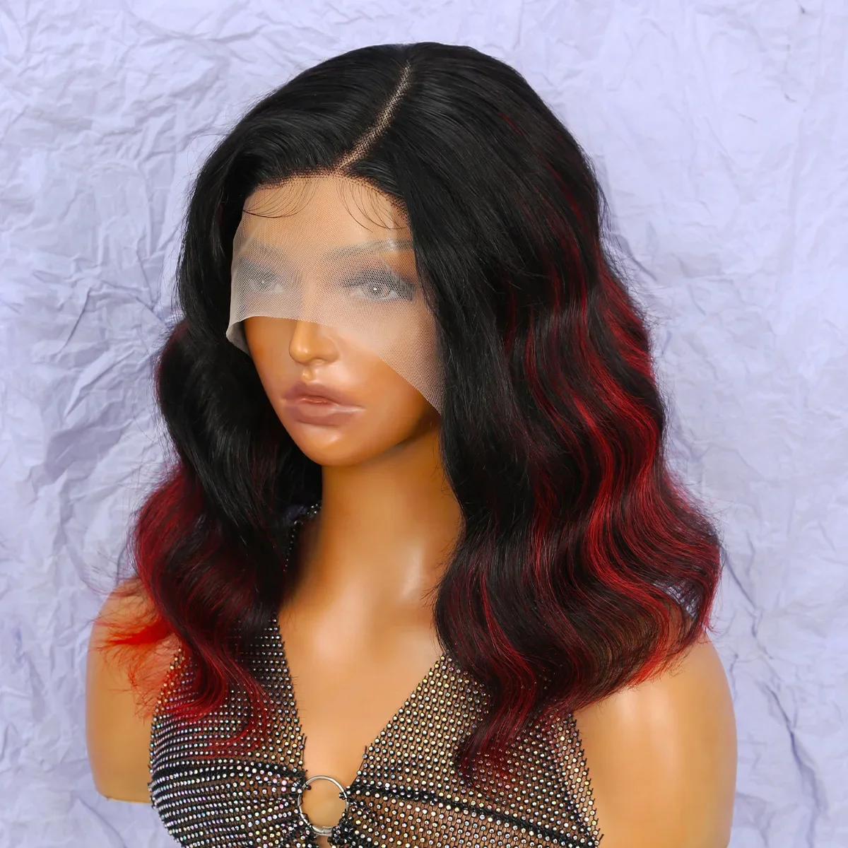 Parrucche di capelli umani ondulati di colore rosso misto al 250% Parrucca di pizzo trasparente con parte a T Parrucche frontali in pizzo brasiliano Remy_voghion.com
