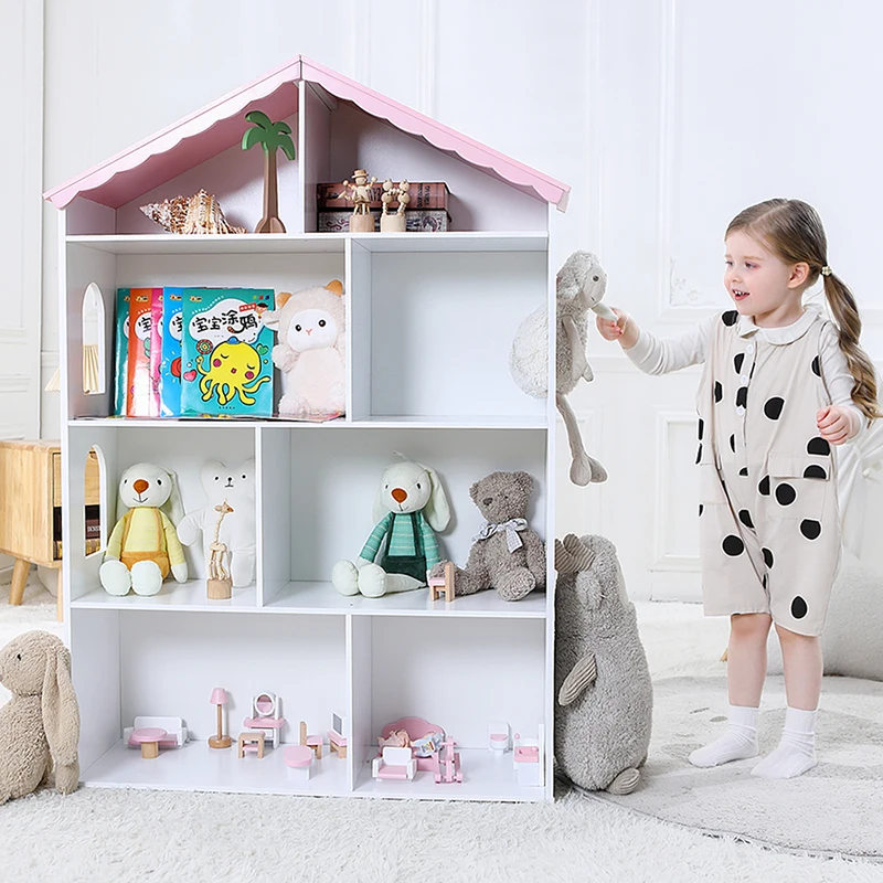 Kids Sling Book Storage Rack Bookcase Bookshelf Nordic Furniture Kids White Wooden House Shape Bookshelf