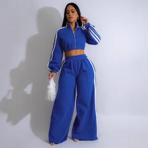 Autumn Winter Ladies Street Casual Sports Suit Women Loose Long Sleeve Jacket High Waist Straight Leg Wide Leg Pants 2 Piece Set