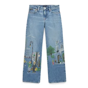Custom Kids Fashionable Denim Print Pants with Adjustable Elastic Waist Girls Denim Straight Leg Pants Children's Pants