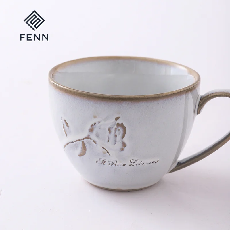 FENN European vintage style embossed rose porcelain reactive glaze chunky stoneware coffee mug retro ceramic tea cup coffee mugs