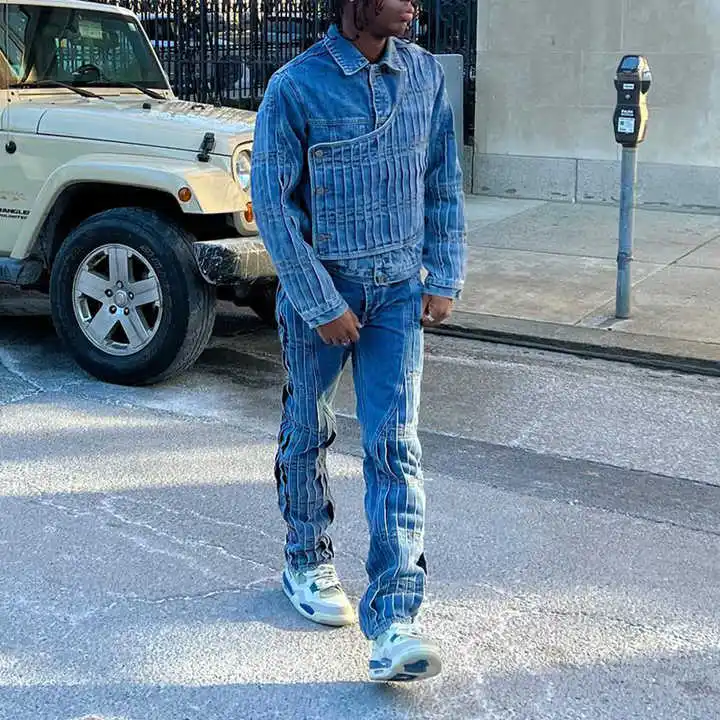 Salati New Arrival Fashion Washed Printing Denim Jacket Set Blue Jeans Pants Sets Streetwear Custom Two Piece Jeans Suit for Men gallery 2