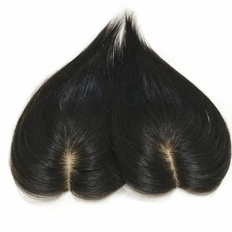 5x8cm Base en soie Femmes Topper 8-10 pouces Couleur noire naturelle Morceau de cheveux humains 2 clips pour cacher la ligne des cheveux_voghion.com