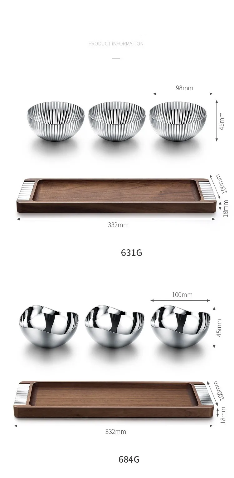 3 Pcs10cm Multipurpose Home Hotel Stainless Steel 304 Wooden Tray Dry Fruit Nut Serving Decorative Bowl Gift Set for Home Decor