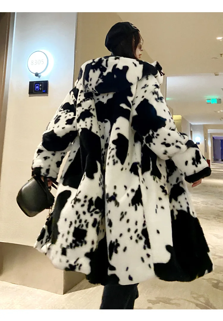 New Design Unisex Cow Print Faux Rabbit Fur Trench Coat Winter Hooded Parka  Jacket