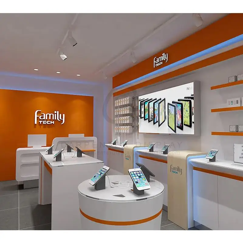 Free Store Design Mobile Phone Shop Decoration Glass Cell Phone Counter with Led Light Strip