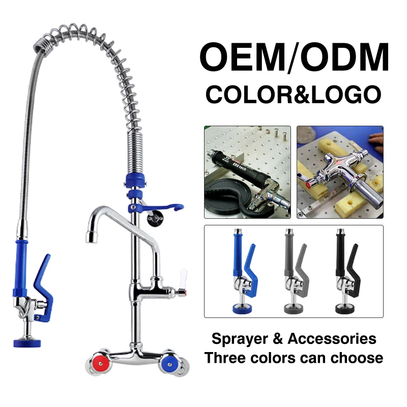 Dual-Handle Spring Action Brass Valve Core Easy Install Wall Mounted Commercial Kitchen Faucet Adjustable Pre-Rinse Sink Unit factory