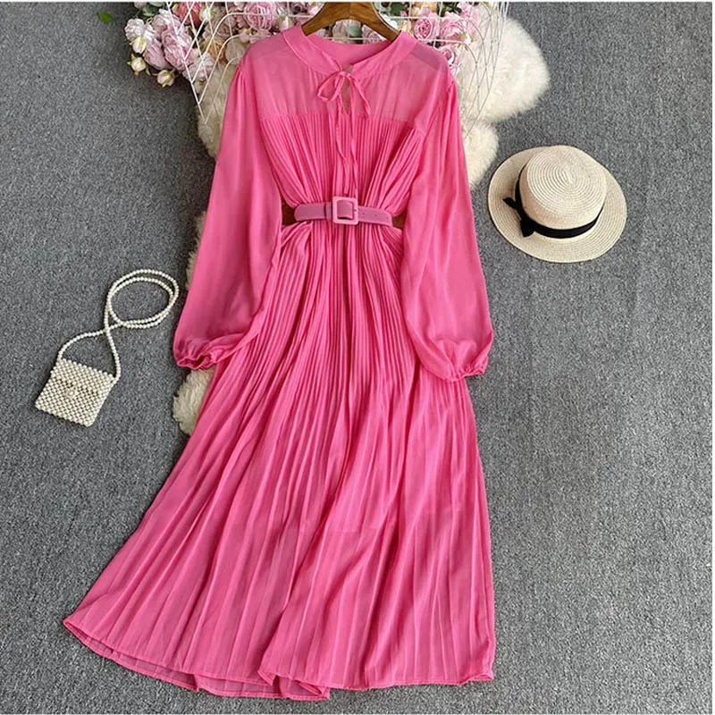DD9052 New 2023 Korean Chic Solid Color Long Sleeve Pleated Belt Slim ...