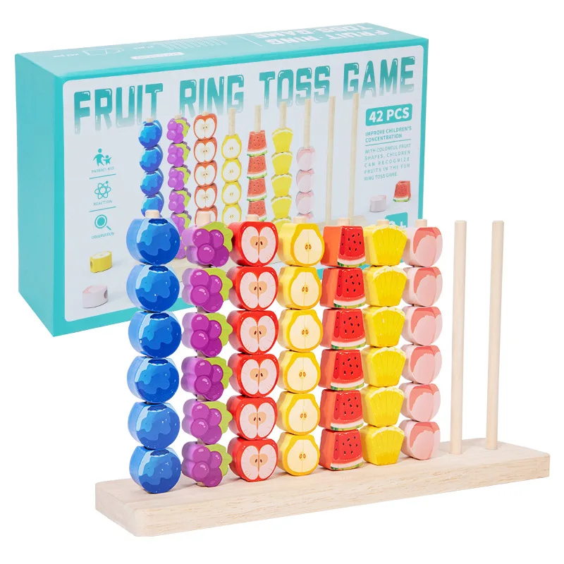 New Montessori Wood Fruit Beaded Stacking & Ring Toss Game Educational Toy for Children (4-6 Years) Unisex