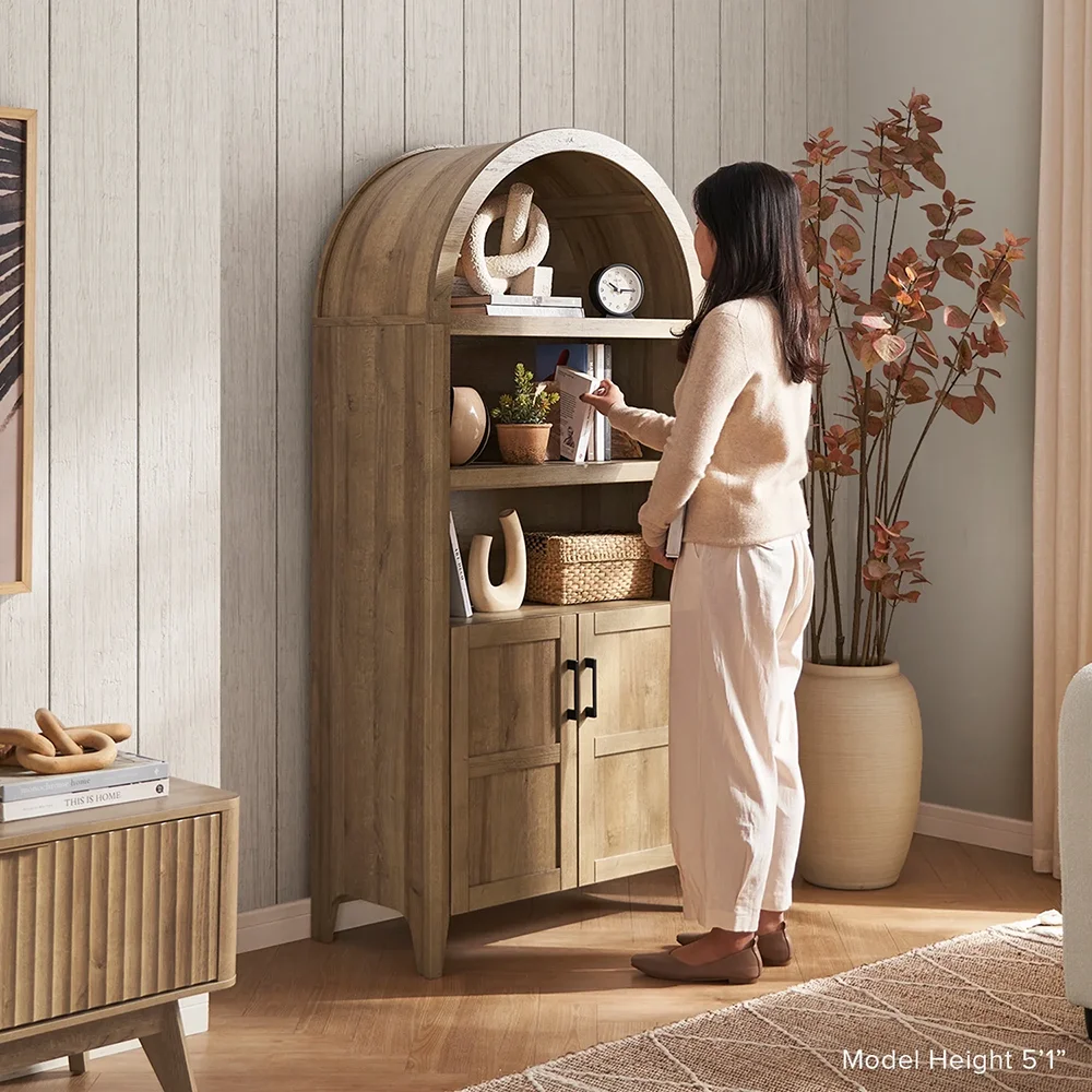 5-Tier Arched Bookcase with Doors and Shelves Living Room Furniture Bookshelf with Storage Cabinet supplier