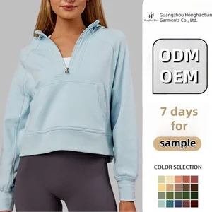 Custom Breathable Anti-Pilling Pullover Sweatshirts Sportswear Women Light Blue Oversized Quarter Zip Neckline Hoodie with Hood