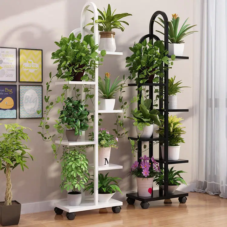Indoor Metal Plant Stand Balcony Flower Rack 6 Tiers Wooden Flower