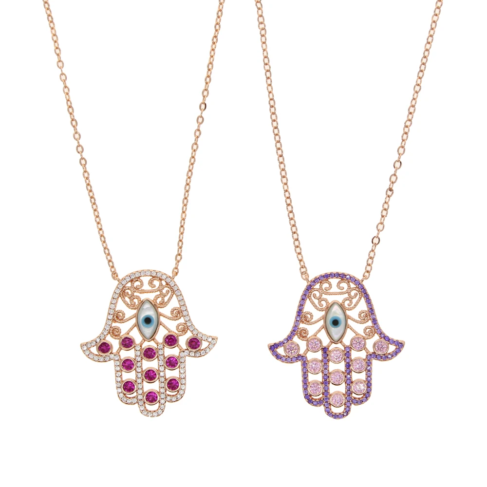 High Quality Stock Red clear Cubic Zircon Rose Gold Plated Turkish Jewelry Hamsa Hand Pendant Necklace
