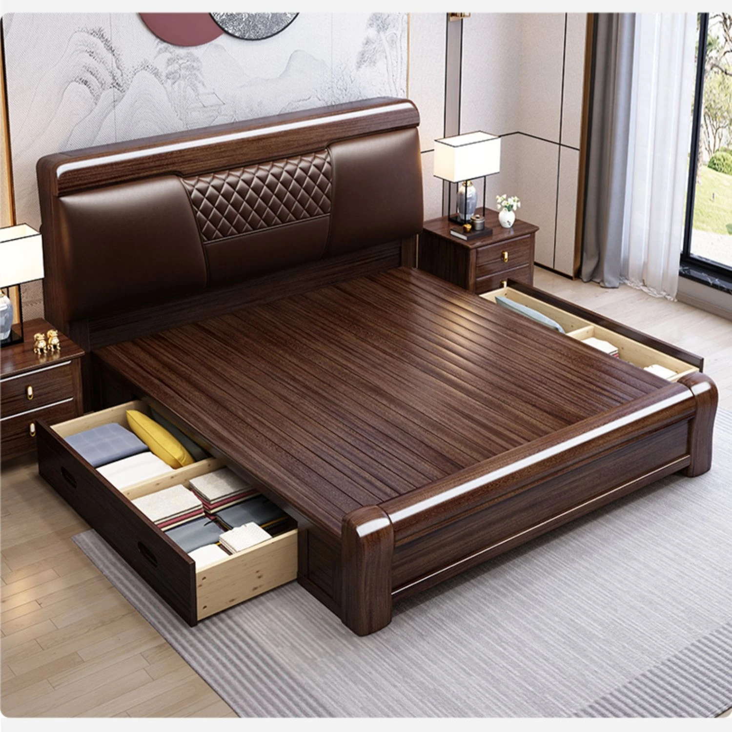 Purple Gold Sandalwood Solid Wood Bed King Size Master Bedroom Modern Simple Double Bed Chinese Style Storage Bedroom Furniture