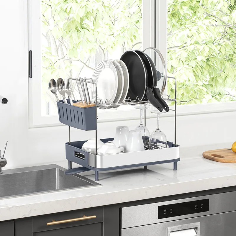 WIREKING Kitchen Storage 2 Tier 304 Stainless Steel Dish Drainer Rack Utensils Holder Over the Sink Dish Drying Rack