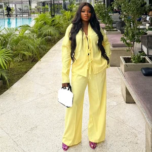 STOCK Plain Women's Two Pieces Set Ties Front Long Sleeve Shirt Top and Wide Leg Pant Set Plus Size Africa Clothing S-2XL