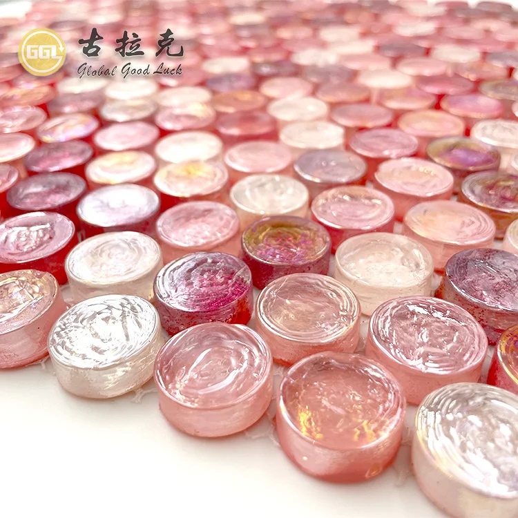 New Round Iridescent Glossy Crystal Glass Tile Pink Color Glass Mosaic Tile Building Material for Wall Pool Decor