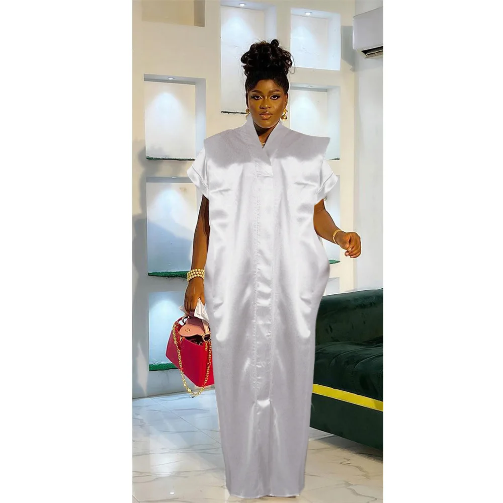 Adults Summer A-Line Dress for Plus Size Women Modest Ethnic Style Solid  Pattern Satin Material Natural Color Inspired African