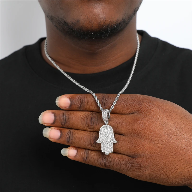 Hip Hop Jewelry Hamsa Hand Pendant Iced Out CZ Cubic Zirconia Necklace Iced Hamsa Hand Pendent Necklace in White Gold Jewelry