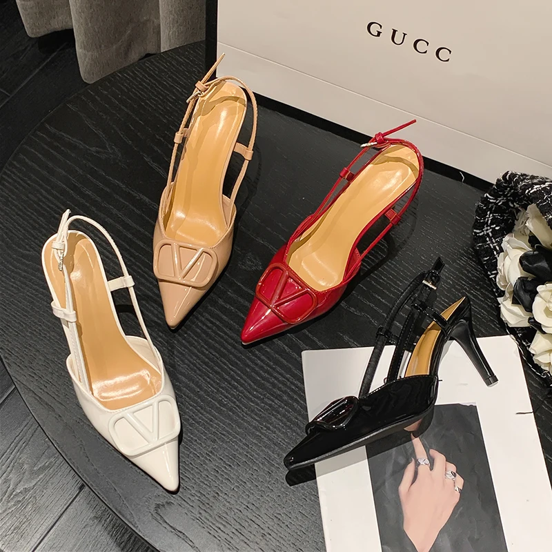 2025 New French Spring Pointed V-Buckle Flattie Back Empty Baotou Shoes Naked Fine Heels High Heels