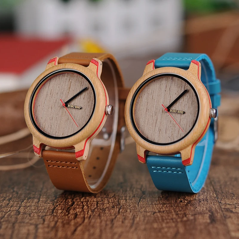 BOBO BIRD Couple Watch Wood Custom Logo Wooden Wrist Watch Leather Strap  for Lovers
