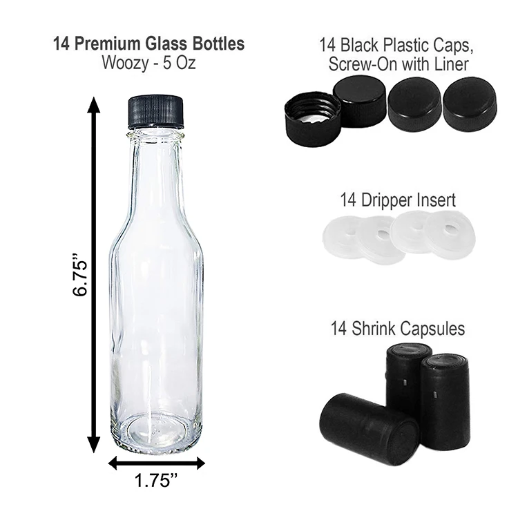with Leak Proof Black Screw Caps and Snap On Dripper Inserts 30 Pack, 5 Oz Glogex Empty Glass Hot Sauce Bottles 