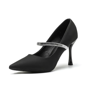 Classy Women's Black Microfiber Summer Height Increasing Stiletto Heel Pointed Toe Pumps with Thin Heels and Slip-On Strap