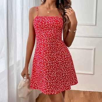 Fashionable Flower Printing Sleeveless a Line Flowing and Soft Casual Midi Dress Korean for Ladies New Fashion 2024