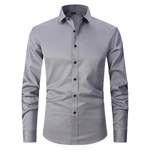 Men's Casual Anti-Wrinkle Shirt Four-Sided Stretch Slim-Fit Long Sleeve Solid Color Single Breasted Button Twill for Autumn