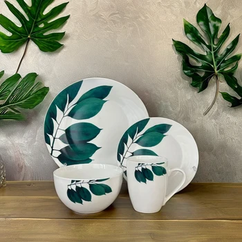 16PCS Modern Luxury Porcelain Dinner Set Vajillas Plant Design Restaurant Ceramic Plates Sustainable Tableware