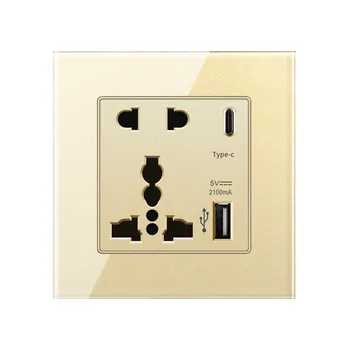 Golden tempered glass modern universal switches and sockets, UK 13A wall light sockets with usb and Type C fast charging