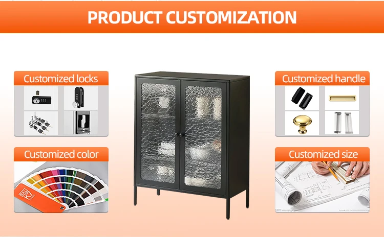 Living Room Metal Cabinet Black Steel Storage Cabinet with Adjustable Shelves,2 Glass Door for Home,Sideboard,Living Room,Office manufacture