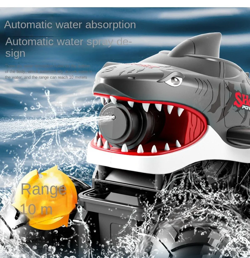 AiJH 2.4G Waterproof Remote Control Shark Car With Water Gun Amphibious RC Shark Car Toy for Kids Adults
